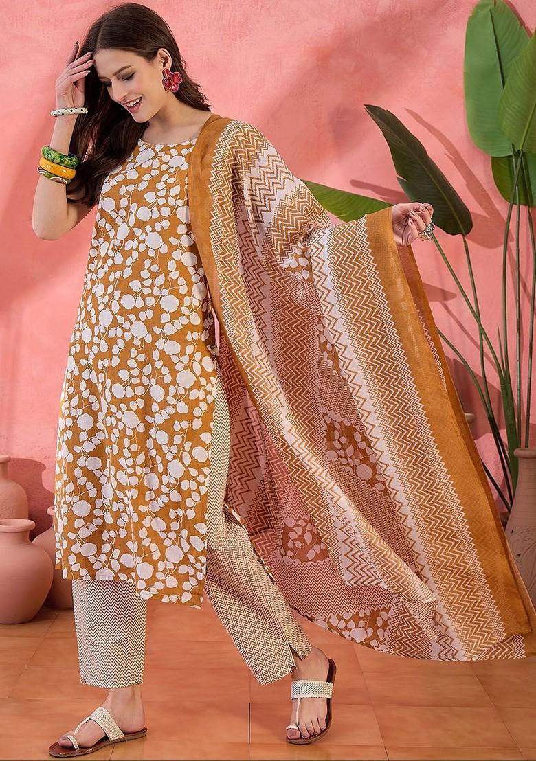Mustard Printed Blended Kurta Set - Indya