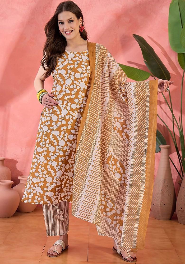 Mustard Printed Blended Kurta Set - Indya