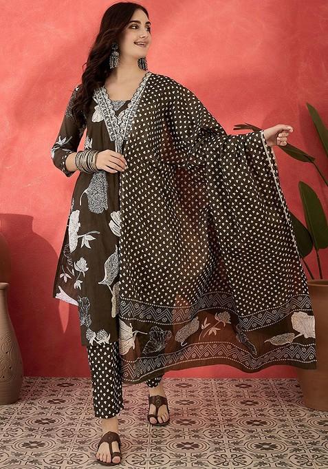 Brown Printed Blended Kurta Set
