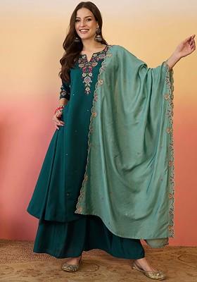 Teal Yoke Design Blended Kurta Set
