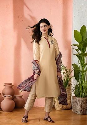 Beige Embroidered Blended Kurta Set