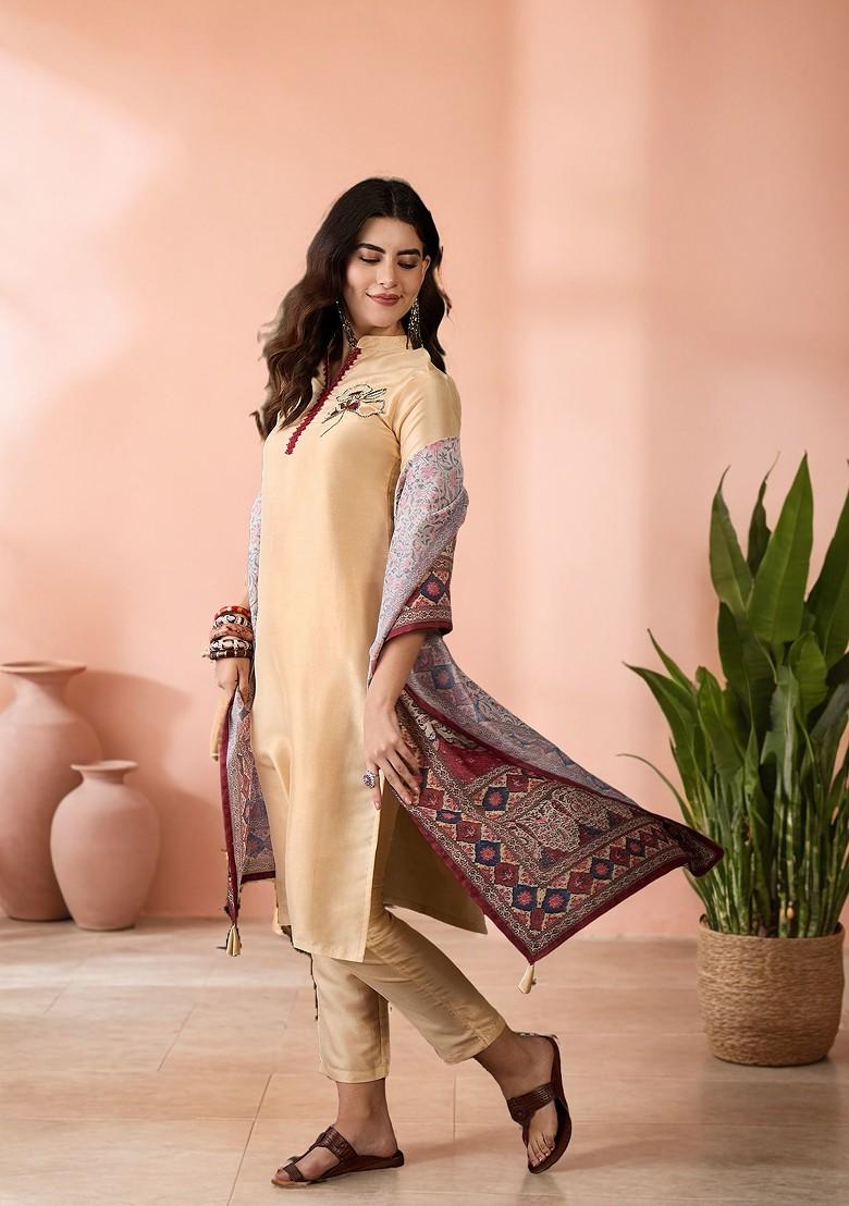 Beige Embroidered Blended Kurta Set - Indya