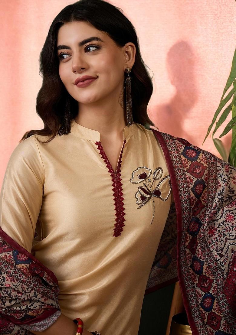 Beige Embroidered Blended Kurta Set - Indya
