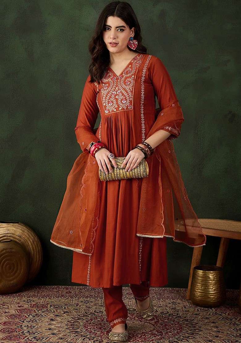 Rust Embroidered Blended Kurta Set - Indya