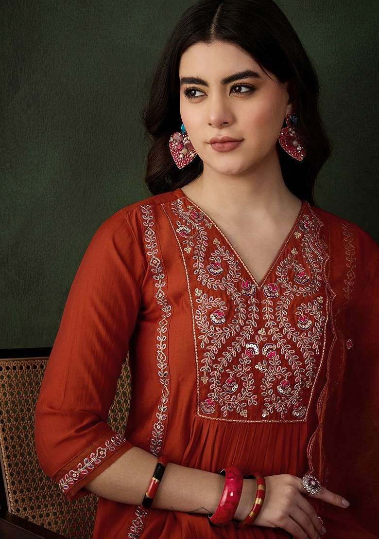 Rust Embroidered Blended Kurta Set - Indya