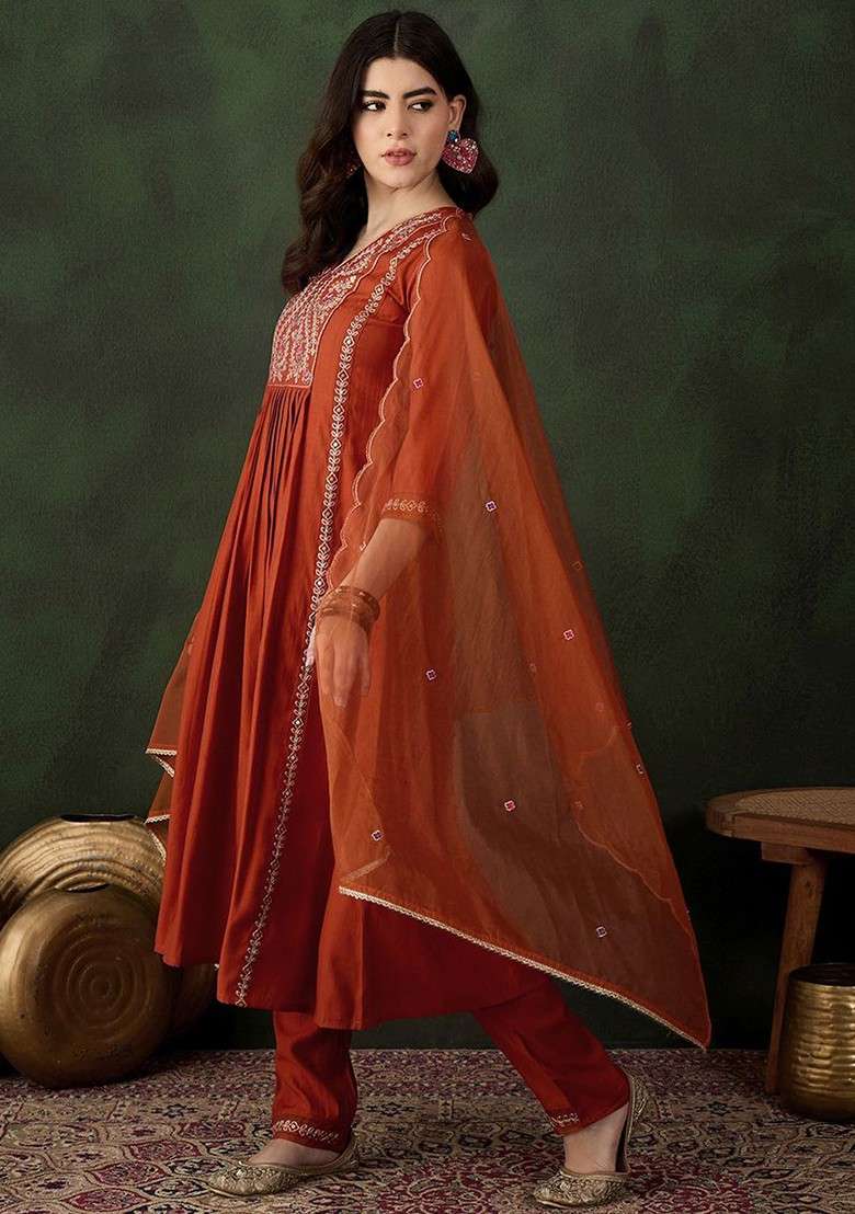 Rust Embroidered Blended Kurta Set - Indya