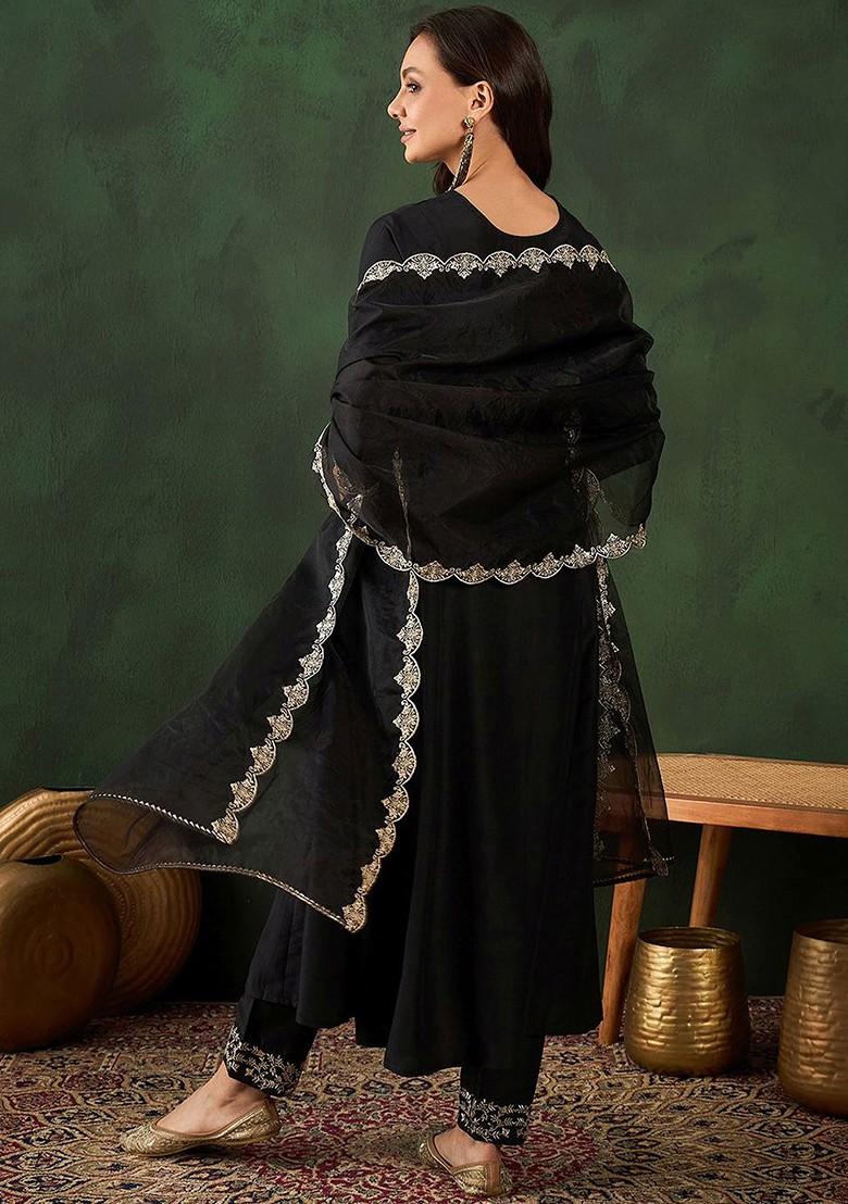 Black Embroidered Blended Kurta Set - Indya