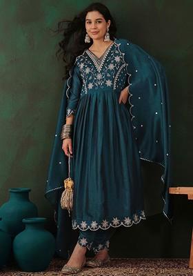 Teal Embroidered Blended Kurta Set