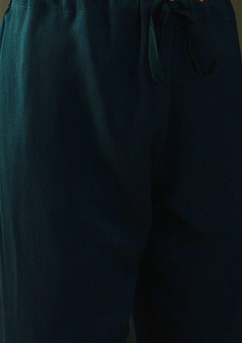 Teal Embroidered Blended Kurta Set - Indya