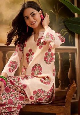 Peach Printed Blended Kurta Set