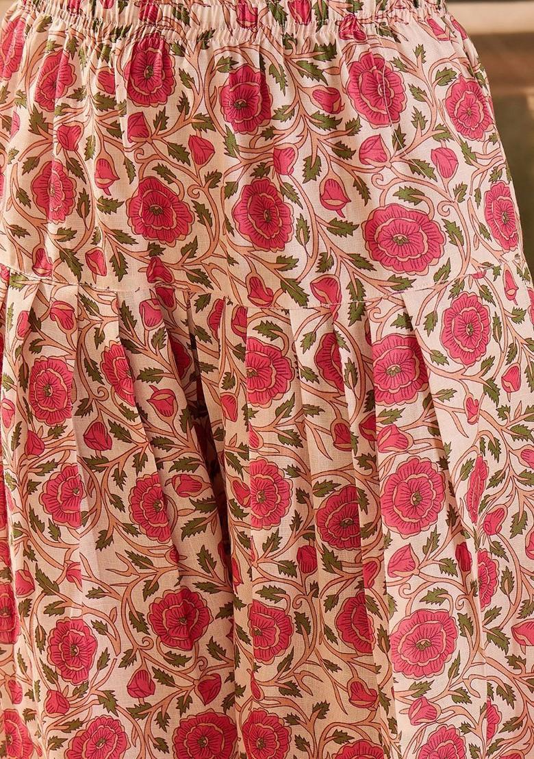 Peach Printed Blended Kurta Set - Indya