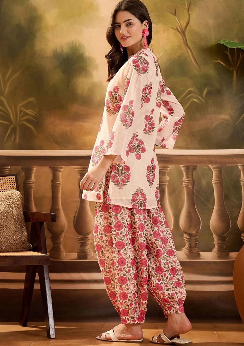Peach Printed Blended Kurta Set - Indya
