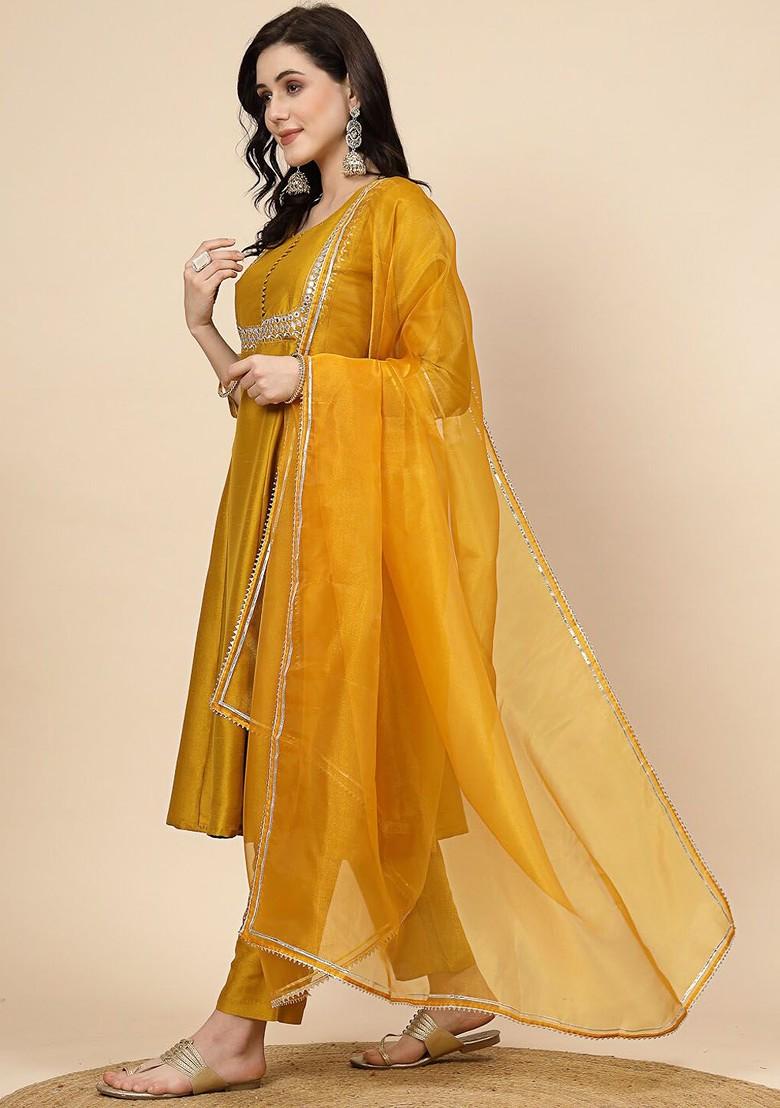 Yellow Yoke Design Blended Kurta Set - Indya