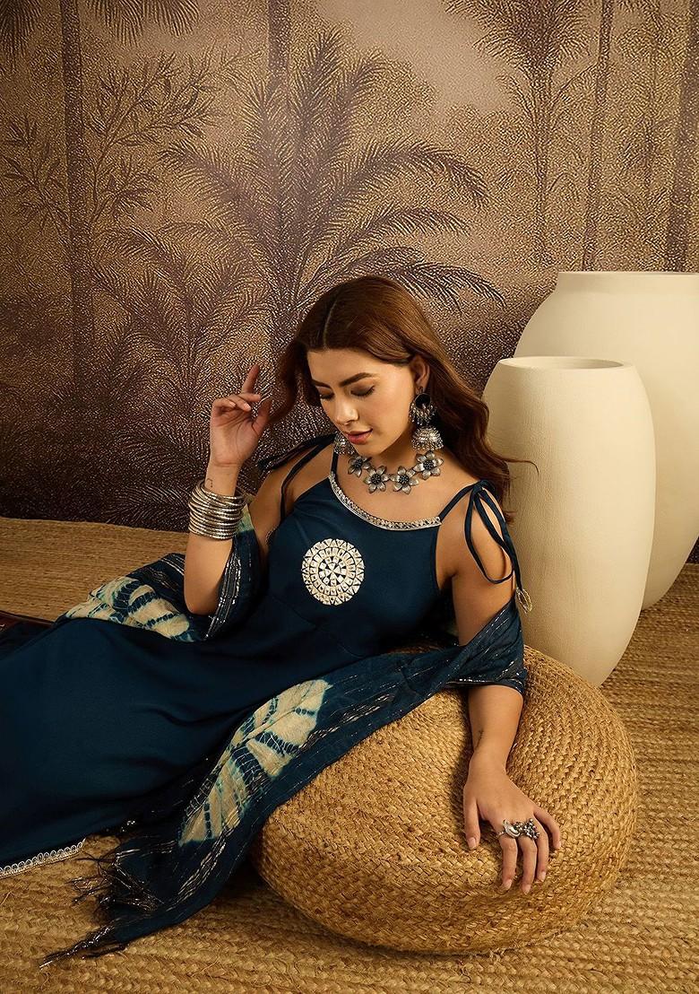 Teal Embroidered Blended Kurta Set - Indya