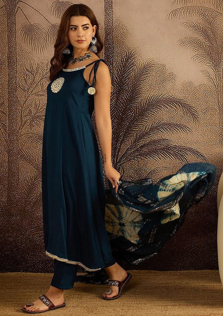 Teal Embroidered Blended Kurta Set - Indya