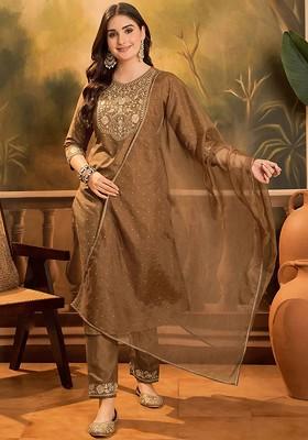 Camel Brown Embroidered Blended Kurta Set