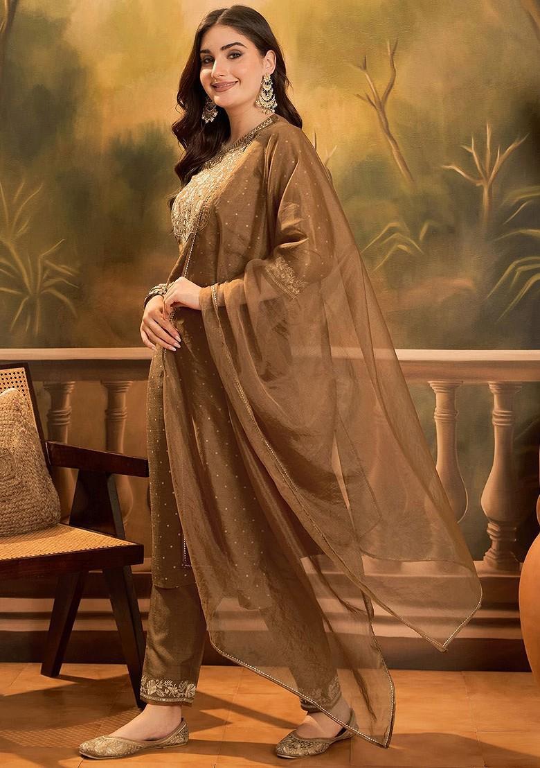 Camel Brown Embroidered Blended Kurta Set - Indya