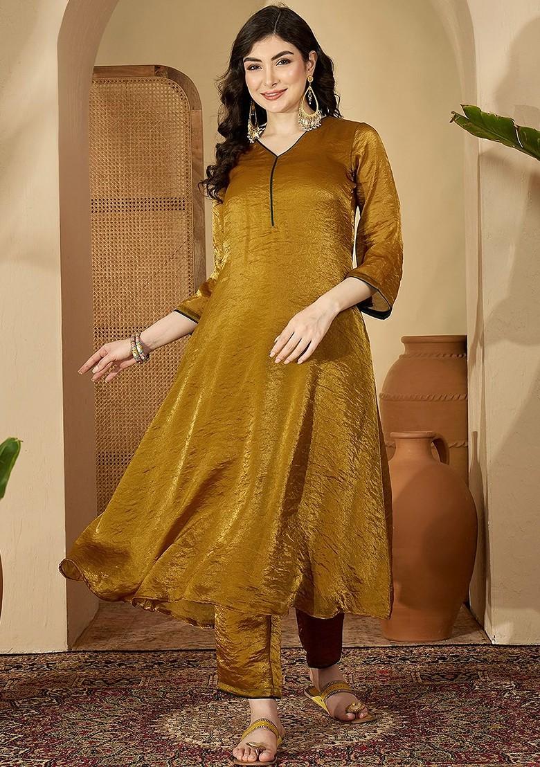Gold Solid Blended Kurta Set - Indya