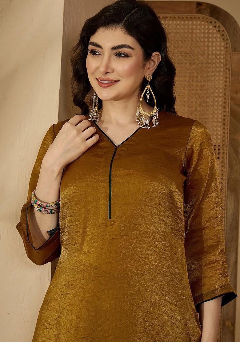 Gold Solid Blended Kurta Set - Indya