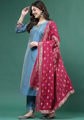 Blue Mirror Work Blended Kurta Set