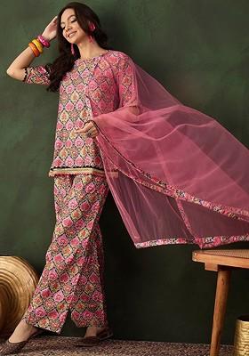Pink Printed Blended Kurta Set