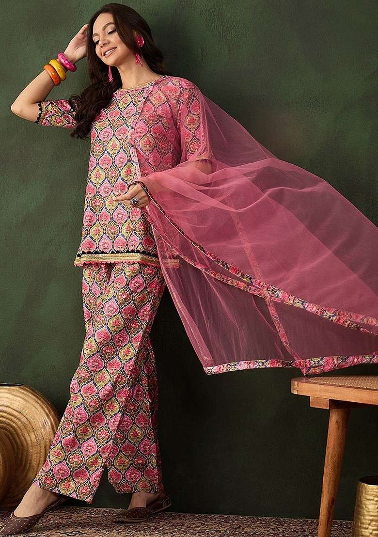 Pink Printed Blended Kurta Set - Indya