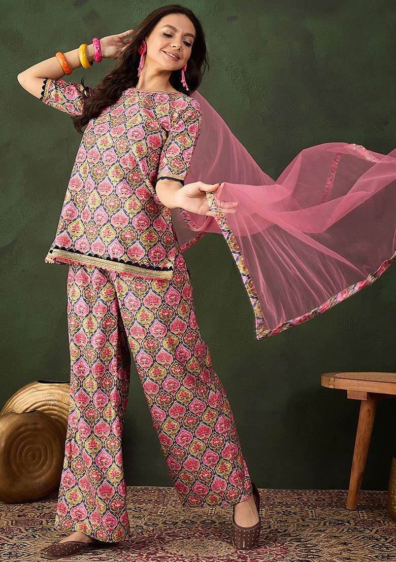 Pink Printed Blended Kurta Set - Indya
