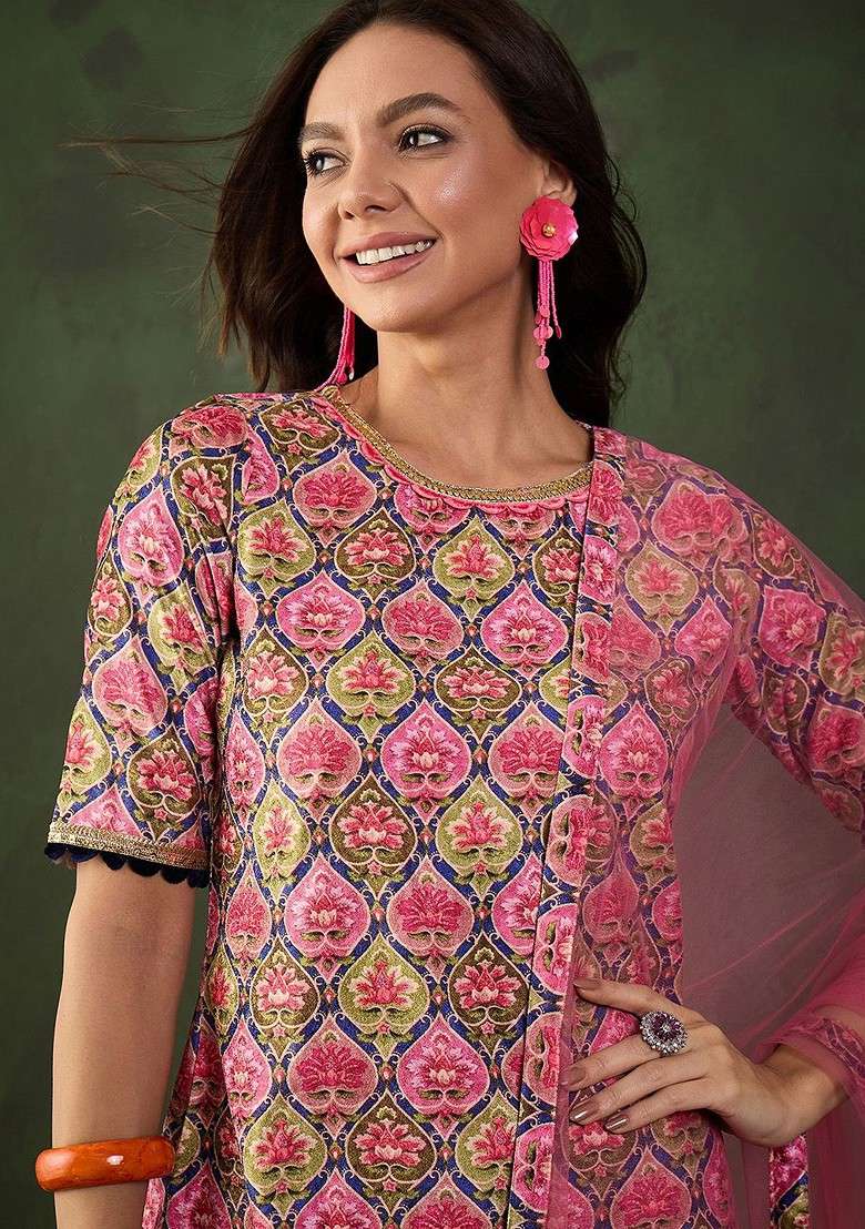 Pink Printed Blended Kurta Set - Indya