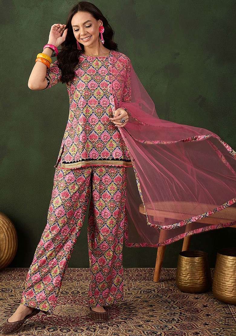 Pink Printed Blended Kurta Set - Indya