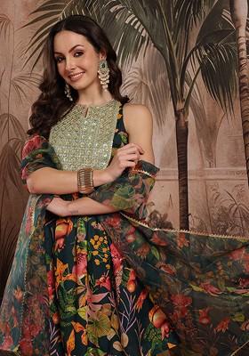 Teal Printed Blended Kurta Set