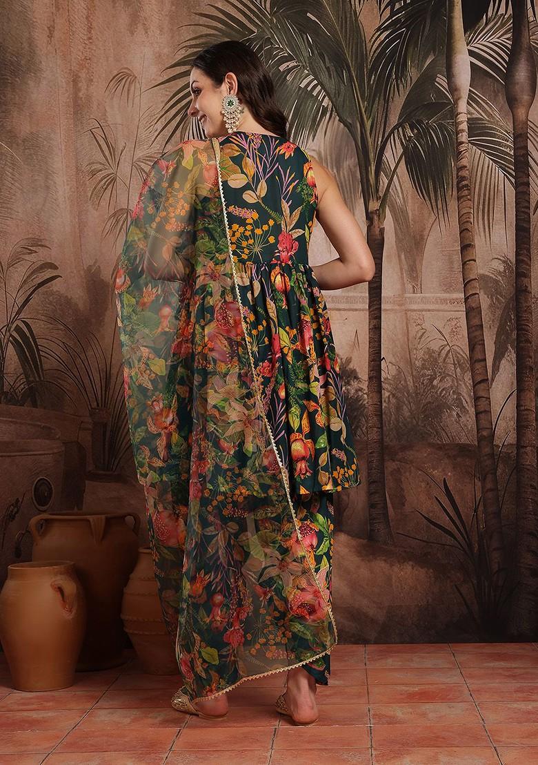 Teal Printed Blended Kurta Set - Indya