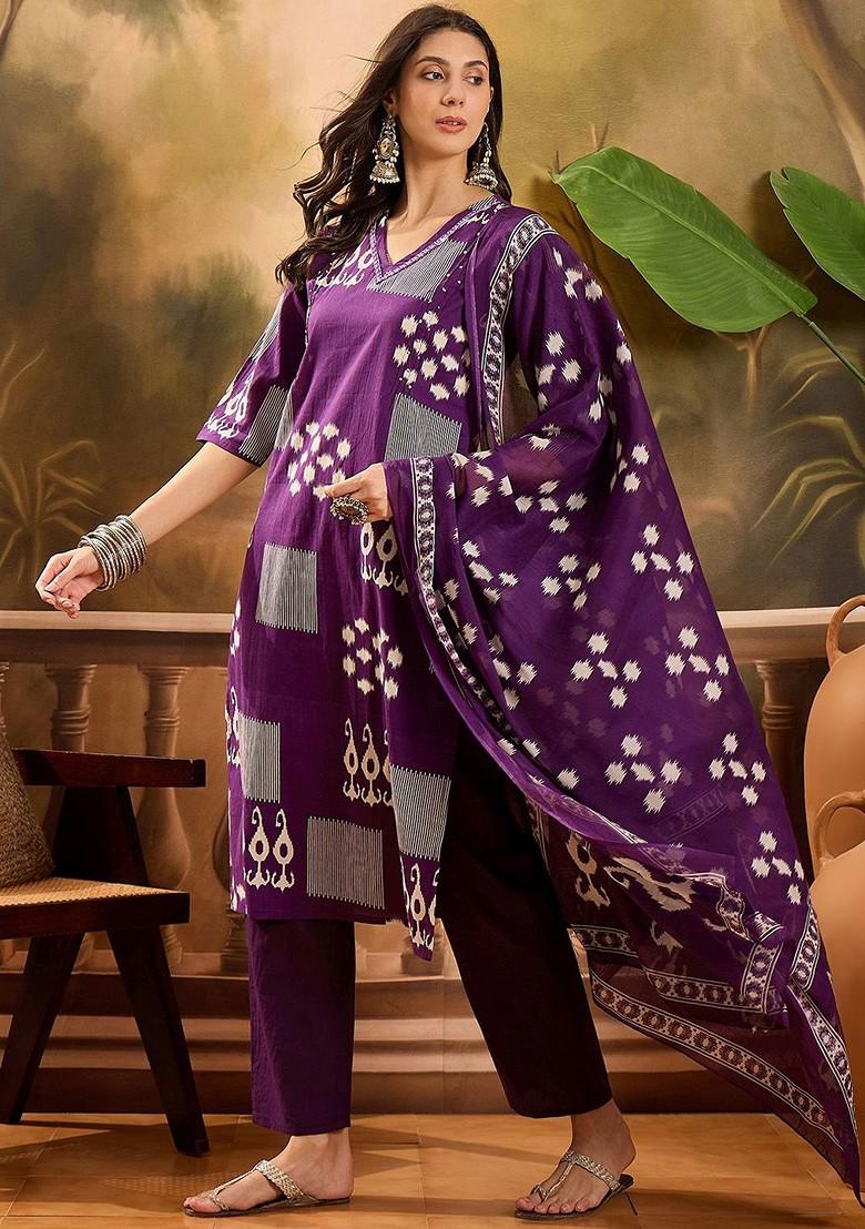 Purple Printed Blended Kurta Set - Indya