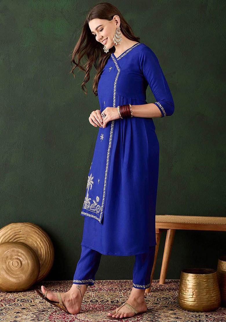 Blue Embroidered Blended Kurta Set - Indya