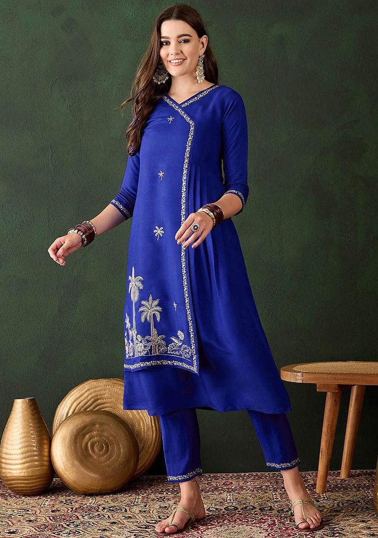 Blue Embroidered Blended Kurta Set - Indya