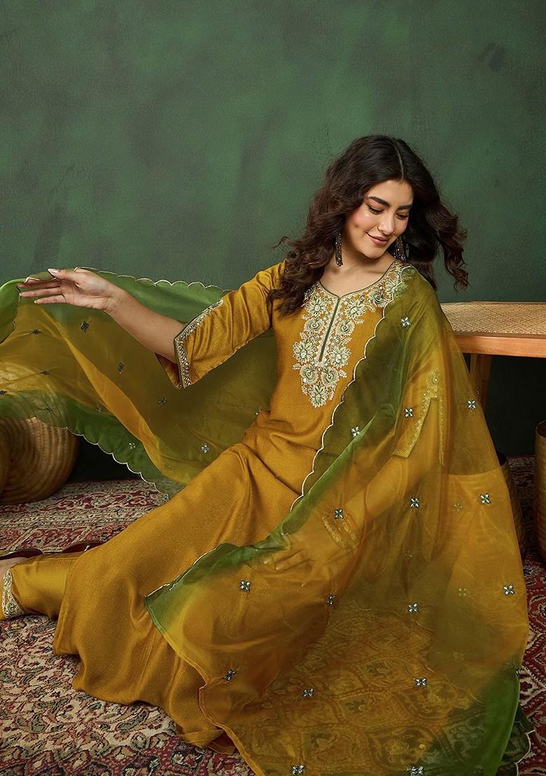Mustard Embroidered Blended Kurta Set - Indya