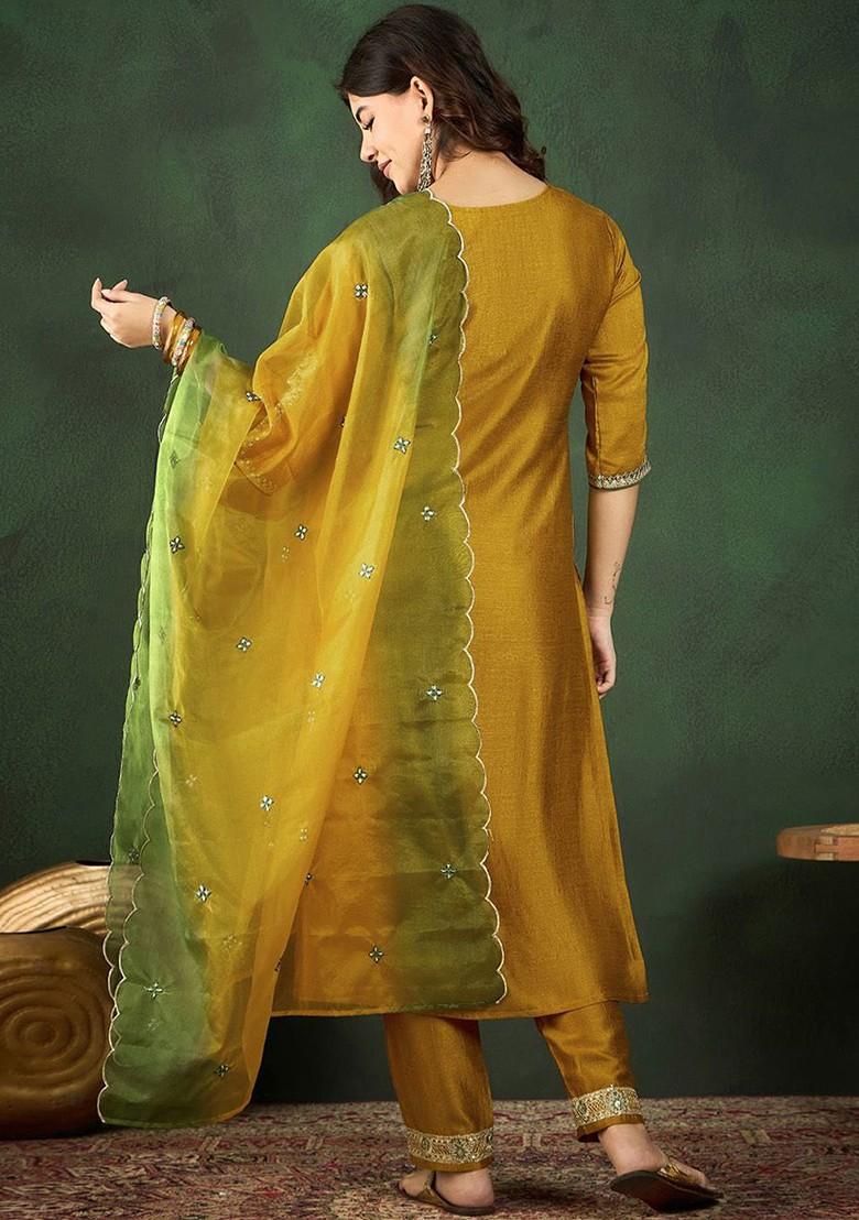Mustard Embroidered Blended Kurta Set - Indya