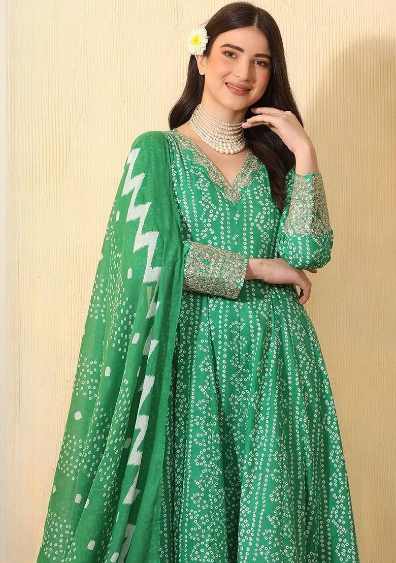 Green Printed Blended Kurta Set - Indya