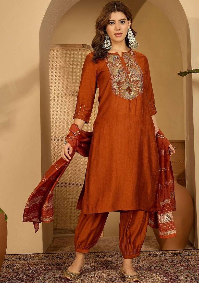 Rust Embroidered Blended Kurta Set - Indya
