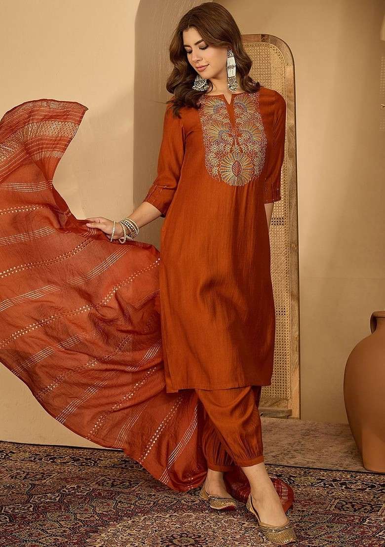 Rust Embroidered Blended Kurta Set - Indya