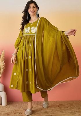 Mustard Embroidered Blended Kurta Set
