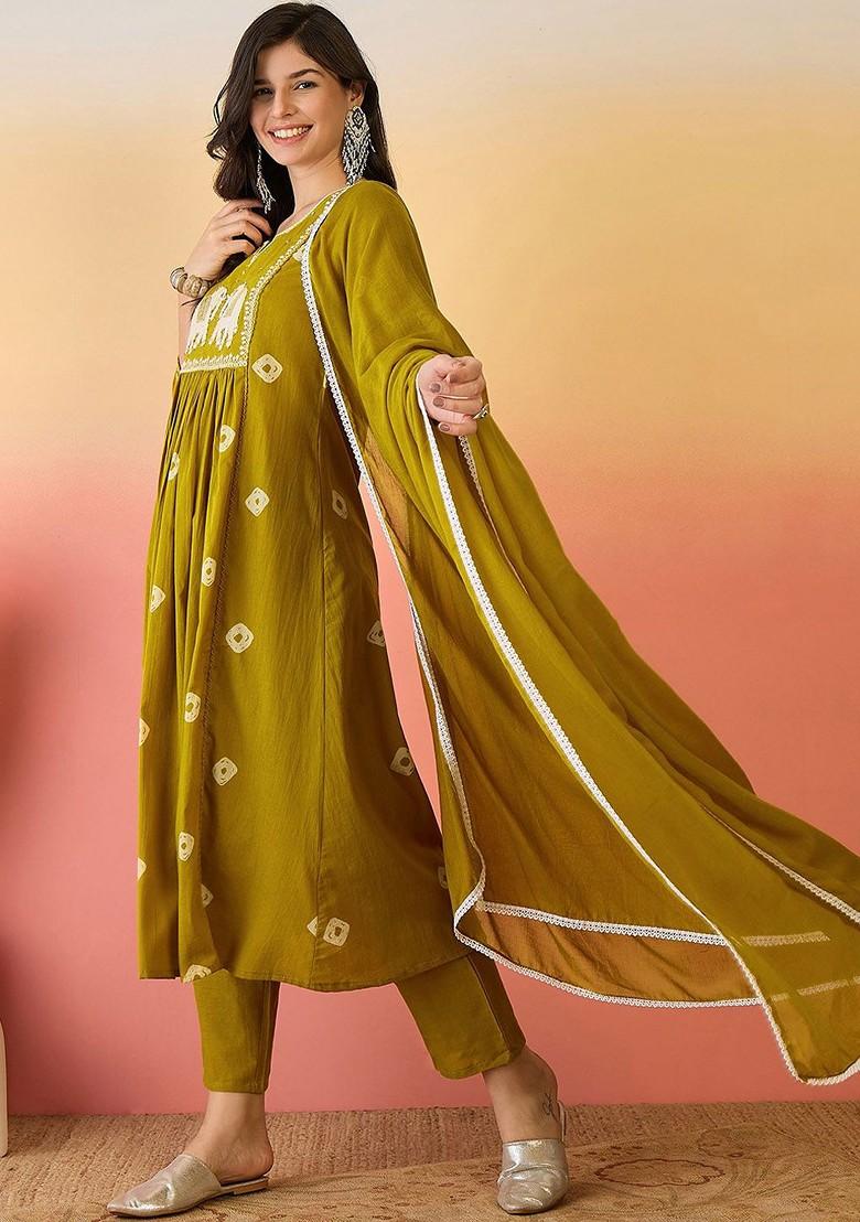 Mustard Embroidered Blended Kurta Set - Indya