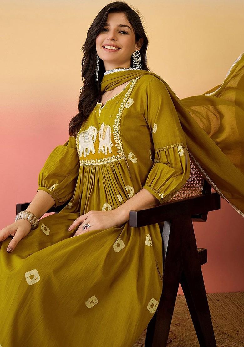 Mustard Embroidered Blended Kurta Set - Indya