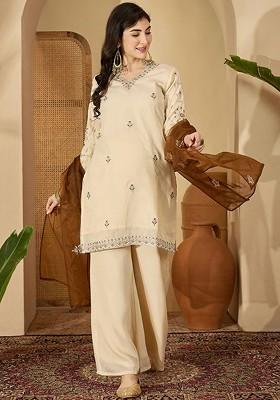 Off White Embroidered Blended Kurta Set