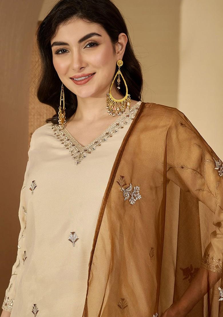 Off White Embroidered Blended Kurta Set - Indya