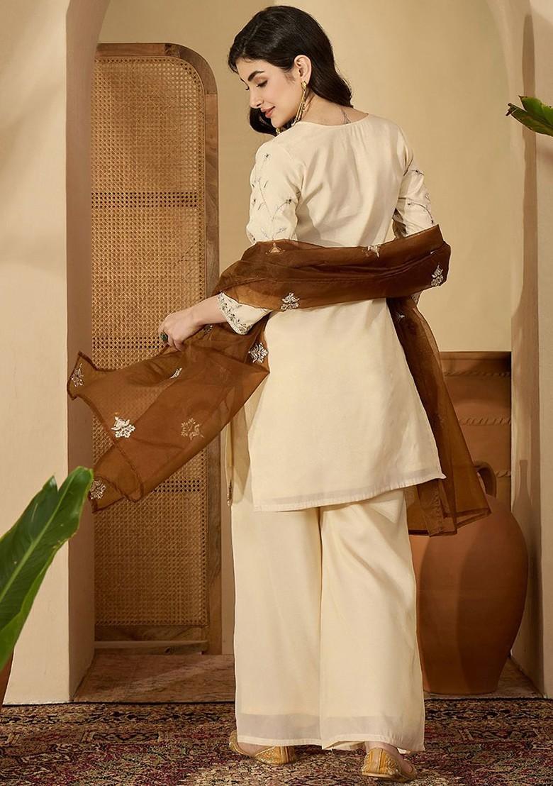 Off White Embroidered Blended Kurta Set - Indya