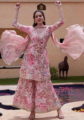 Pink Printed Blended Kurta Set