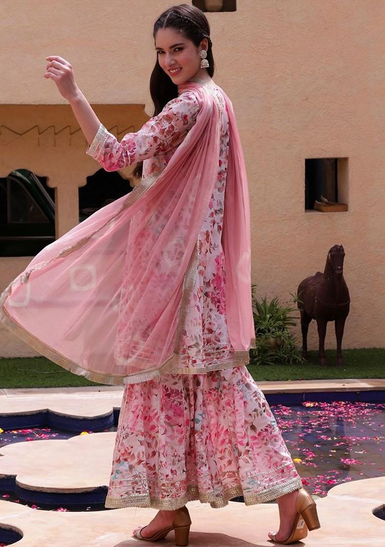 Pink Printed Blended Kurta Set - Indya