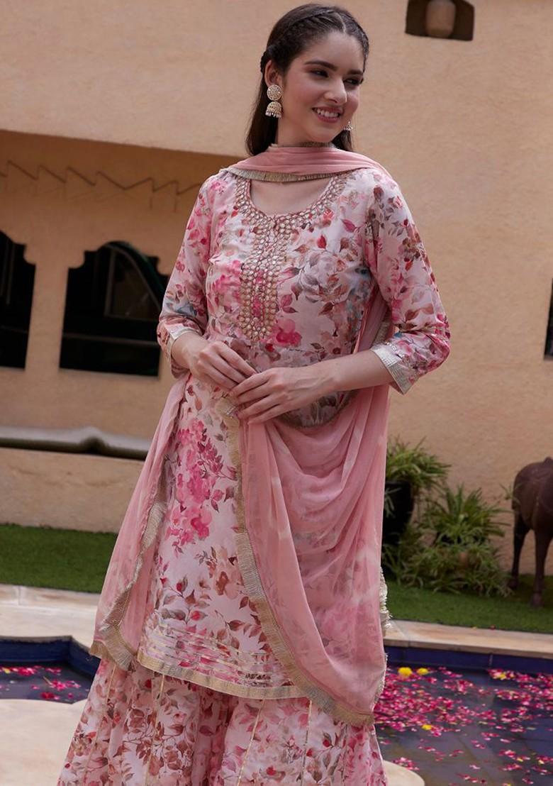 Pink Printed Blended Kurta Set - Indya