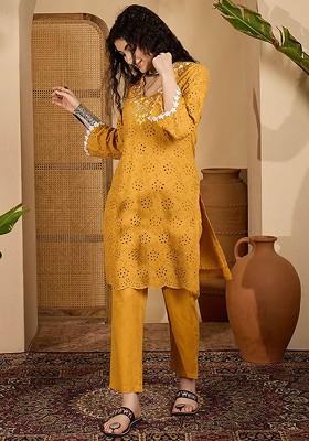 Mustard Embroidered Blended Kurta Set