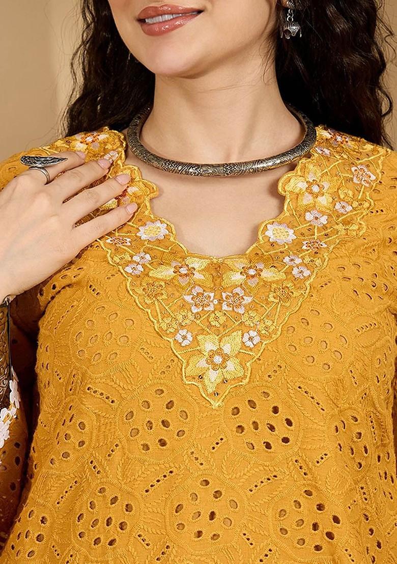 Mustard Embroidered Blended Kurta Set - Indya